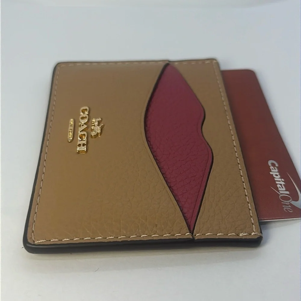 NWT Coach Card Case Wallet Pink Tan Leather Slim ID Holder
